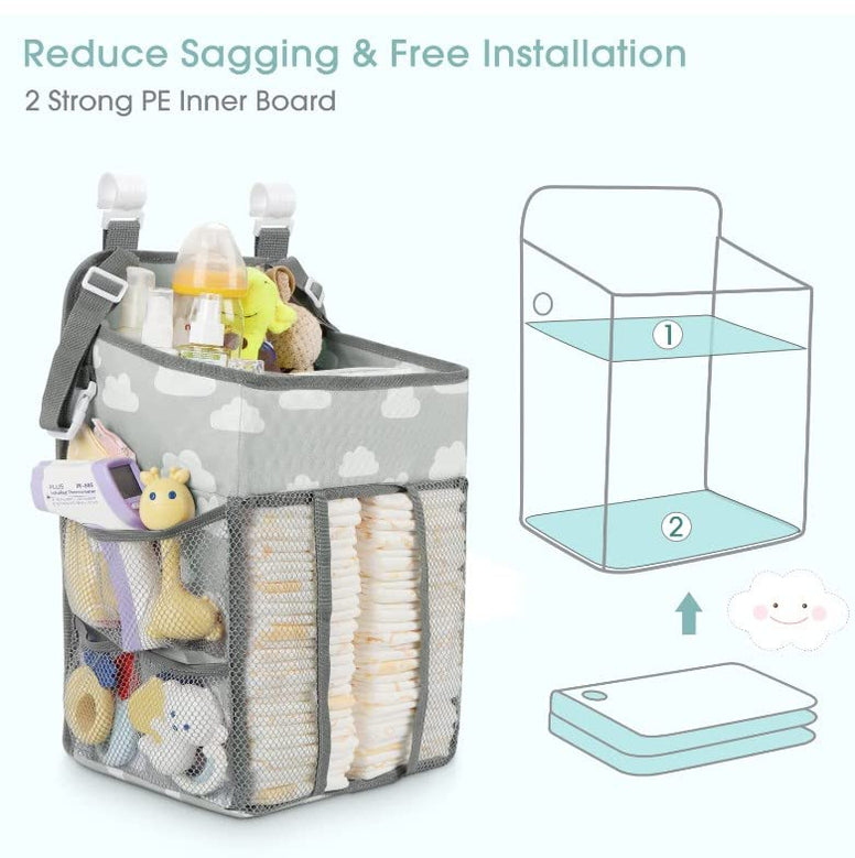 THE WHITE SHOP Hanging Diaper Caddy Organizer - Diaper Stacker for Changing Table, Crib, Playard or Wall & Nursery Organization Baby Shower Gifts for Newborn (Gray Cloud)