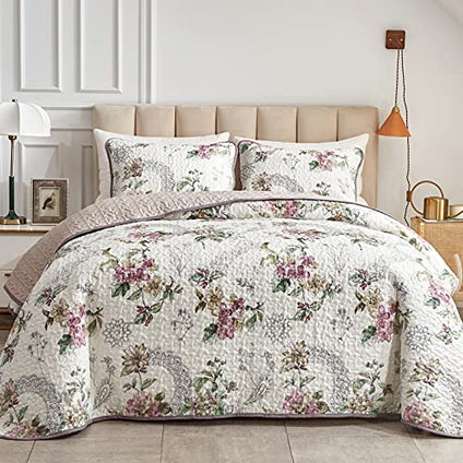 Flysheep 3 Pieces Quilt Set King Size, Beige Floral Reversible Bedspread Coverlet Set, Soft Microfiber Lightweight Bed Cover for All Season (102