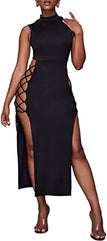 Ekaliy Womens Cut Out Lace Up Side Maxi Dress Mock Neck Sleeveless Bodycon Cocktail Evening Club Long Dress