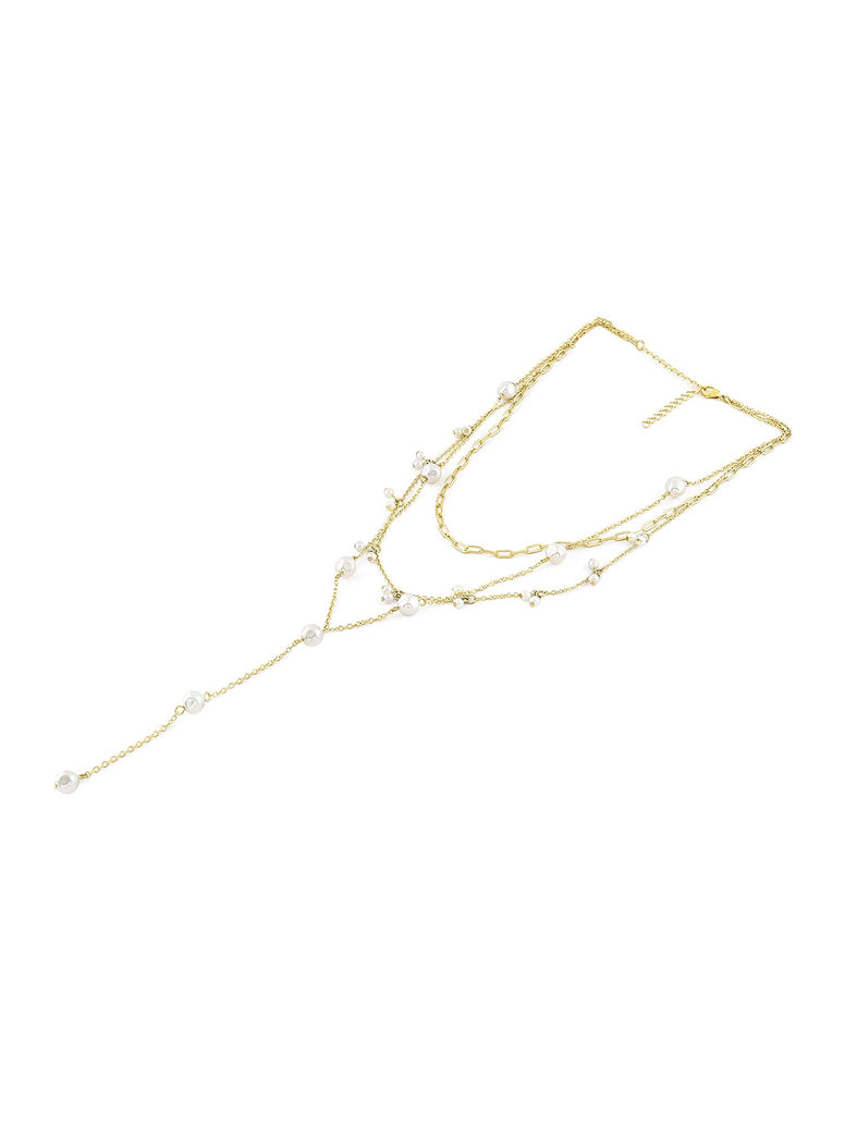 Zaveri Pearls Gold Tone Contemporary 3 Layers Lariat Necklace Chain With Earring-ZPFK10606