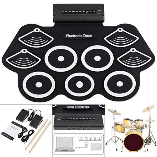 SKEIDO Portable 9 Pad Electronic Drum Kit with Sticks and Foot Pedals - Konix Complete Silicone Roll-Up Style Electric Drum Set