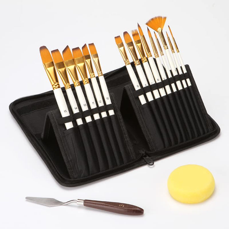Artist Paint Brush Set 17pcs for All Purpose Oil Watercolor Painting Artist Professional Kits Includes Pop-up Carrying Case with 1 Palette Knife and 1 Sponges