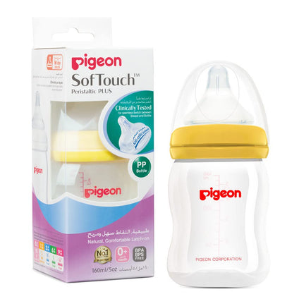 Pigeon Softouch Peristaltic Plus Wide Neck Nursing Plastic Bottle, 100% Silicone Nipple, Bpa & Bps Free, 160ml, Multicolor
