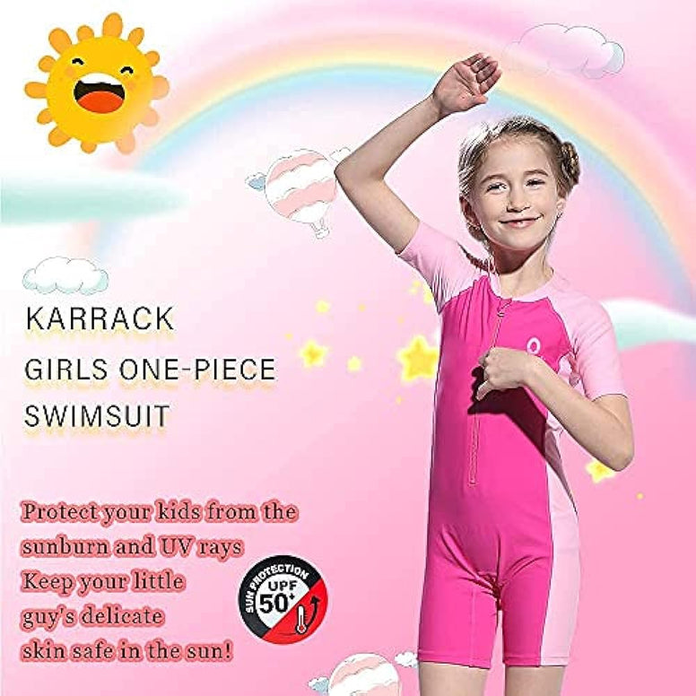 Karrack Girls and Boys One Piece Rash Guard Swimsuit Kid Water Sport Short Swimsuit UPF 50+ Sun Protection Bathing Suits