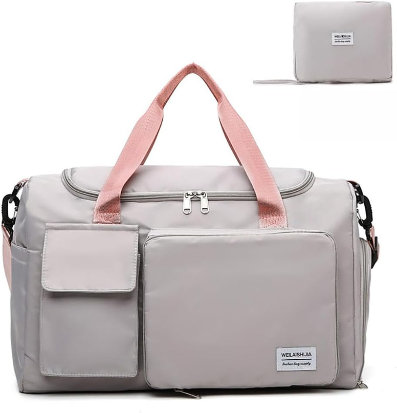 Large Capacity Folding Travel Bag Travel Duffel Bag Extendable Sports Gym Bag Multifunctional Waterproof Carry on Luggage Bag (Grey&Pink)