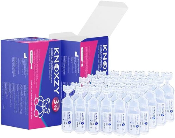 KNOXZY Hypertonic Saline Inhalation Solution 3%. Inhalation Solution for Adults & Children. Box Contains 30 Single dose vials of 4ml.