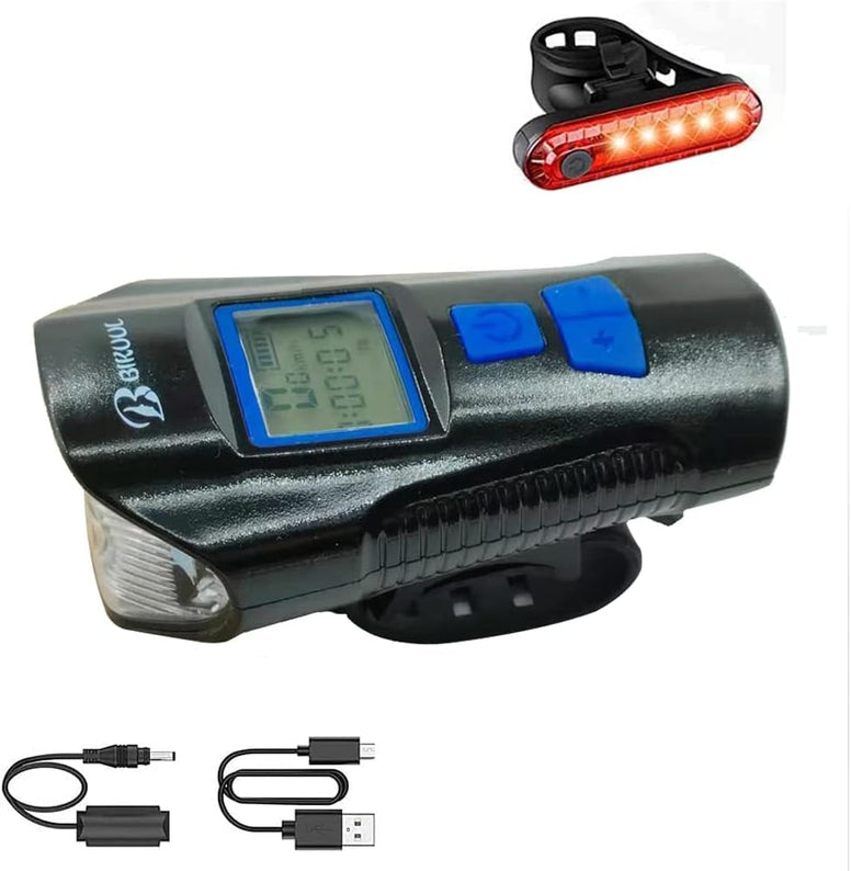 BIKUUL Bicycle Light Set with Horn and Speedometer, USB Rechargeable LED Bike Front Light & Tail Light,IPX5 Waterproof,4 Lighting Modes Super Bright,Fits All Mountain & Road Bike