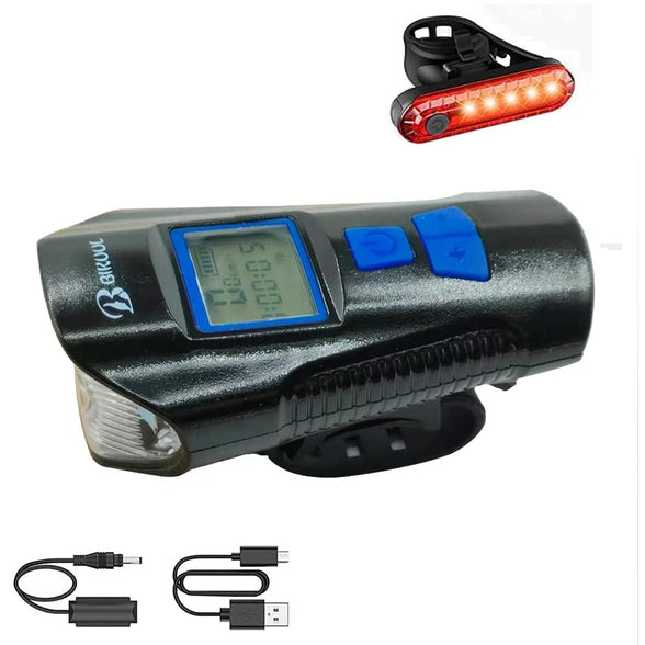 BIKUUL Bicycle Light Set with Horn and Speedometer, USB Rechargeable LED Bike Front Light & Tail Light,IPX5 Waterproof,4 Lighting Modes Super Bright,Fits All Mountain & Road Bike