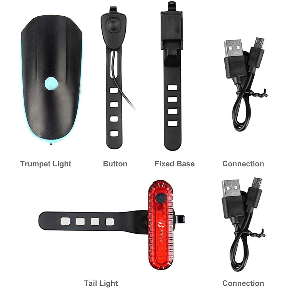 BIKUUL Bike Lights Front and Back, USB Bicycle Front Light with Loud Horn, with 3 Lighting Modes, High Strength Waterproof, Bike tail light,Best Cycling Gift