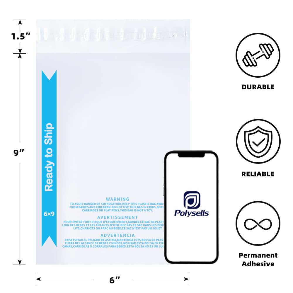 POLYSELLS Extra Strong Self Seal Clear Poly Bags with Suffocation Warning for Packaging, Shipping, T-Shirts, Clothes & FBA, permanent Adhesive, 6"x9", 100pcs