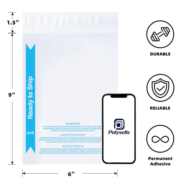 POLYSELLS Extra Strong Self Seal Clear Poly Bags with Suffocation Warning for Packaging, Shipping, T-Shirts, Clothes & FBA, permanent Adhesive, 6"x9", 100pcs