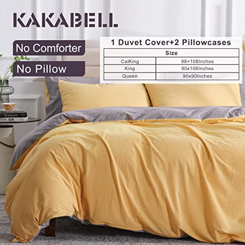 KAKABELL 100% Washed Cotton Linen Duvet Covers Set,Luxury Soft and Breathable Portable Openings 3 Piece Bedding Set,1200 Thread Count,with 8 Corner Ties 90x90 Inches(Light Yellow Grey,Full/Queen)