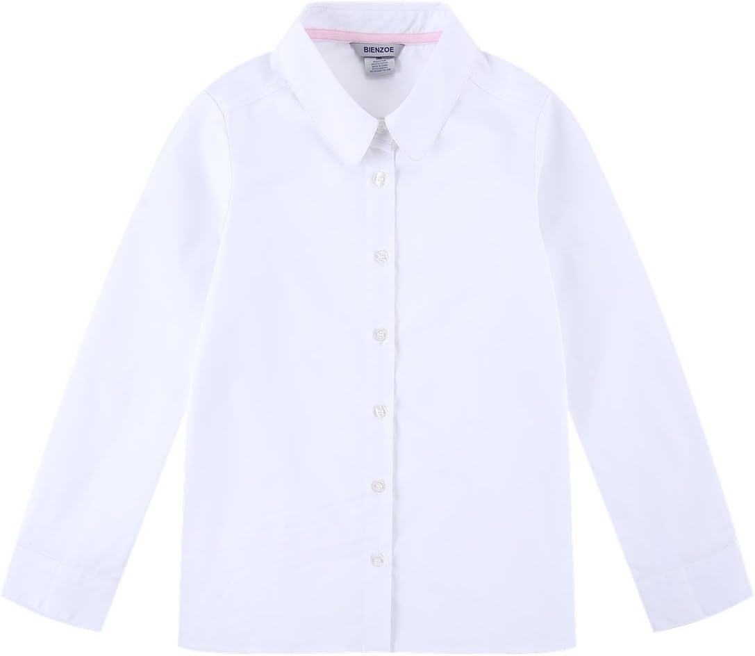 Bienzoe Girls Long Sleeve Shirt: Kids School Uniform Button Down Cotton Oxford Blouse