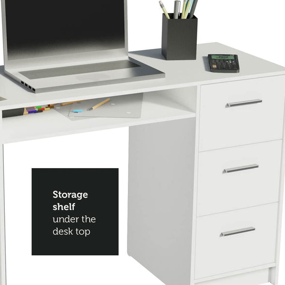 MADESA Home Office Computer Writing Desk with 3 Drawers, 1 Door and 1 Storage Shelf, Wood, 136 W x 77 H x 45 D Cm – White