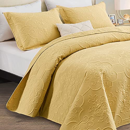 CHIXIN King Size Quilt Set - Damask Paisley Pattern - Lightweight Bedspread, Ultrasonic Quilting Coverlet, Reversible Bedding Cover for All Season, 3 Piece, Honey Gold