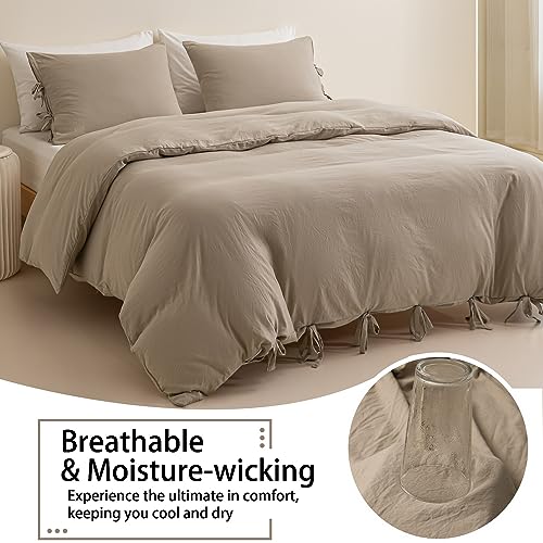MUKKA Cream Duvet Cover Set Queen Size Beige Boho Chic, 3 Pieces Tan Khaki Farmhouse Bowknot Duvets, Sand Soft & Easy Care Washed Microfiber Bohemian Bedding Covers with Ties