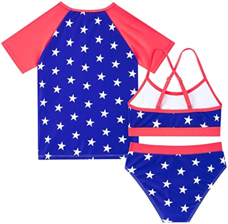 Vogseek Rash Guard Swimwear Girls 3-Piece Short Sleeve Swimsuit Kids Bathing Suit UPF 50+ Quick Dry Bikini Girls 7T-13T