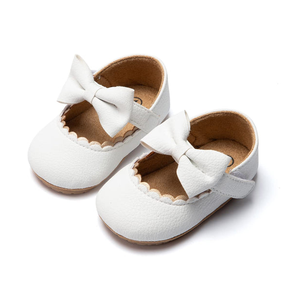 Bellocasa Baby Mary Jane Flats for Girls with Bowknot Cotton Anti Skid Sole Infant First Walker Princess Dress Crib Wedding Shoes, for 6 Months baby