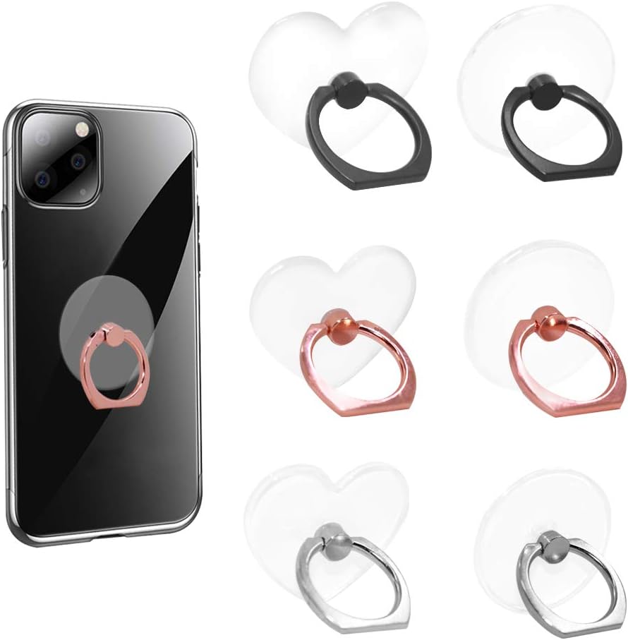 6 Pcs Transparent Mobile Phone Ring Holder, SENHAI Round and Heart-shaped 360 Degree Rotating Universal Ring Buckle Grip Stand for Smartphones, Tablets