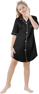 Schbbbta Girls Satin Nightgown Button Down Short Sleeve Silky Sleepwear Nightshirt Dress,Black, 13-14 Years, 170