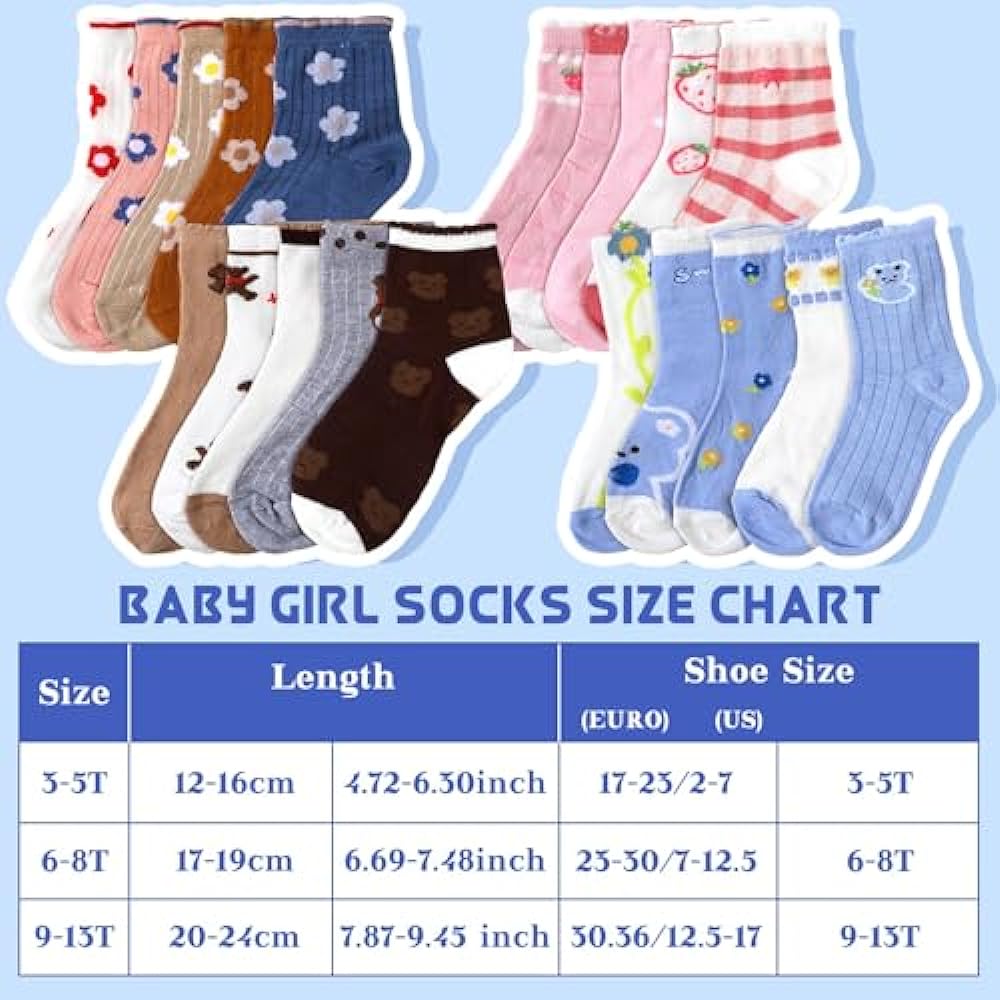 Bencailor 20 Pairs Cartoon Pattern Crew Socks Princess Patterns Ruffle Crew Socks Cotton Cute Socks for Kids Girls