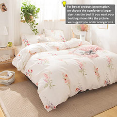 Merryword Botanical Floral Comforter Set Pink Flowers Comforter Set Pink Lavender Flowers Printed Soft Microfiber Pastoral Style Bedding Queen 1 Comforter 2 Pillowcases (Queen, Offwhite)