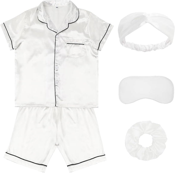 ALHAVONE Kids Girl Pajama Set with Headband Blindfold Hair Tie Toddler Boy Girl Satin Silky Button-up Pajama Sleepwear