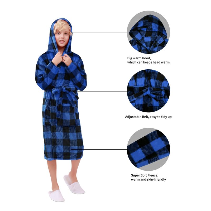 Boys Robe, Kids Fleece Robe, Hooded Soft Warm Bathrobes Pajamas Sleepwear for Children Toddler Girls 3-14 Years