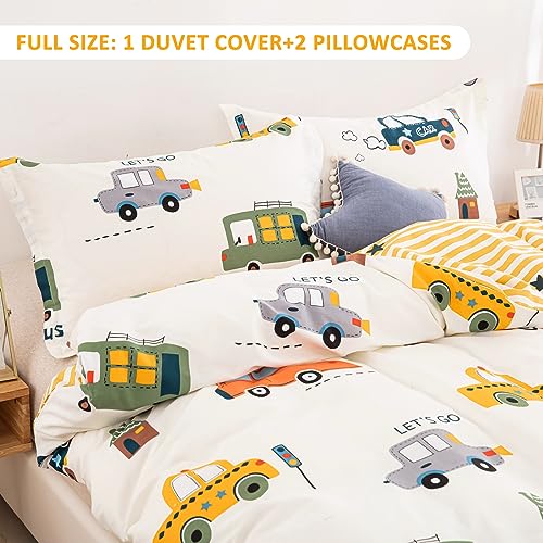 Cars Kids Duvet Cover Set Full Size, 3 Pieces 100% Cotton Kids Bedding Set for Boys Girls, Reversible Yellow Stripes Comforter Cover Set (1 Duvet Cover+2 Pillowcases)