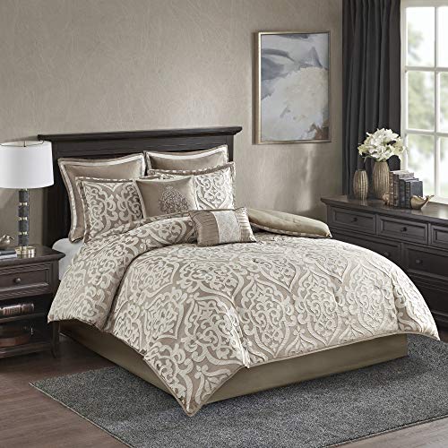 Madison Park Odette Cozy Comforter Set Jacquard Damask Medallion Design - Modern All Season, Down Alternative Bedding, Shams, Decorative Pillow, King(104 in x 92 in), Tan 8 Piece
