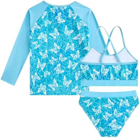 Vogseek Rash Guard Swimwear Girls 3-Piece Short Sleeve Swimsuit Kids Bathing Suit UPF 50+ Quick Dry Bikini Girls 7T-13T