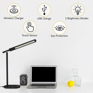 LED Desk Lamp With Wireless Charger, Eye-Caring Table Lamps, USB Charging Port, Dimmable Office Lamp, 5 lighting Modes, Touch Control For Reading Studying (Black)
