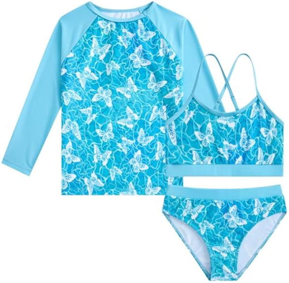 Vogseek Rash Guard Swimwear Girls 3-Piece Short Sleeve Swimsuit Kids Bathing Suit UPF 50+ Quick Dry Bikini Girls 7T-13T