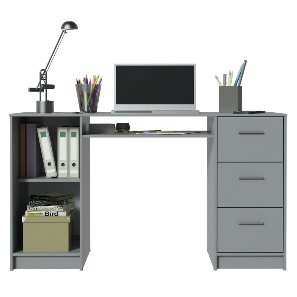 MADESA Home Office Computer Writing Desk with 3 Drawers, 1 Door and 1 Storage Shelf, Wood, 136 W x 77 H x 45 D Cm – Grey