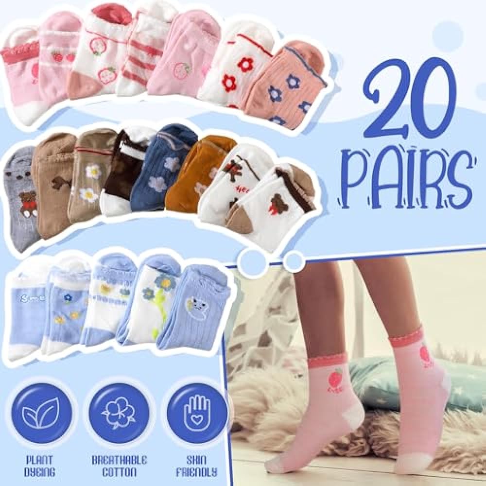 Bencailor 20 Pairs Cartoon Pattern Crew Socks Princess Patterns Ruffle Crew Socks Cotton Cute Socks for Kids Girls