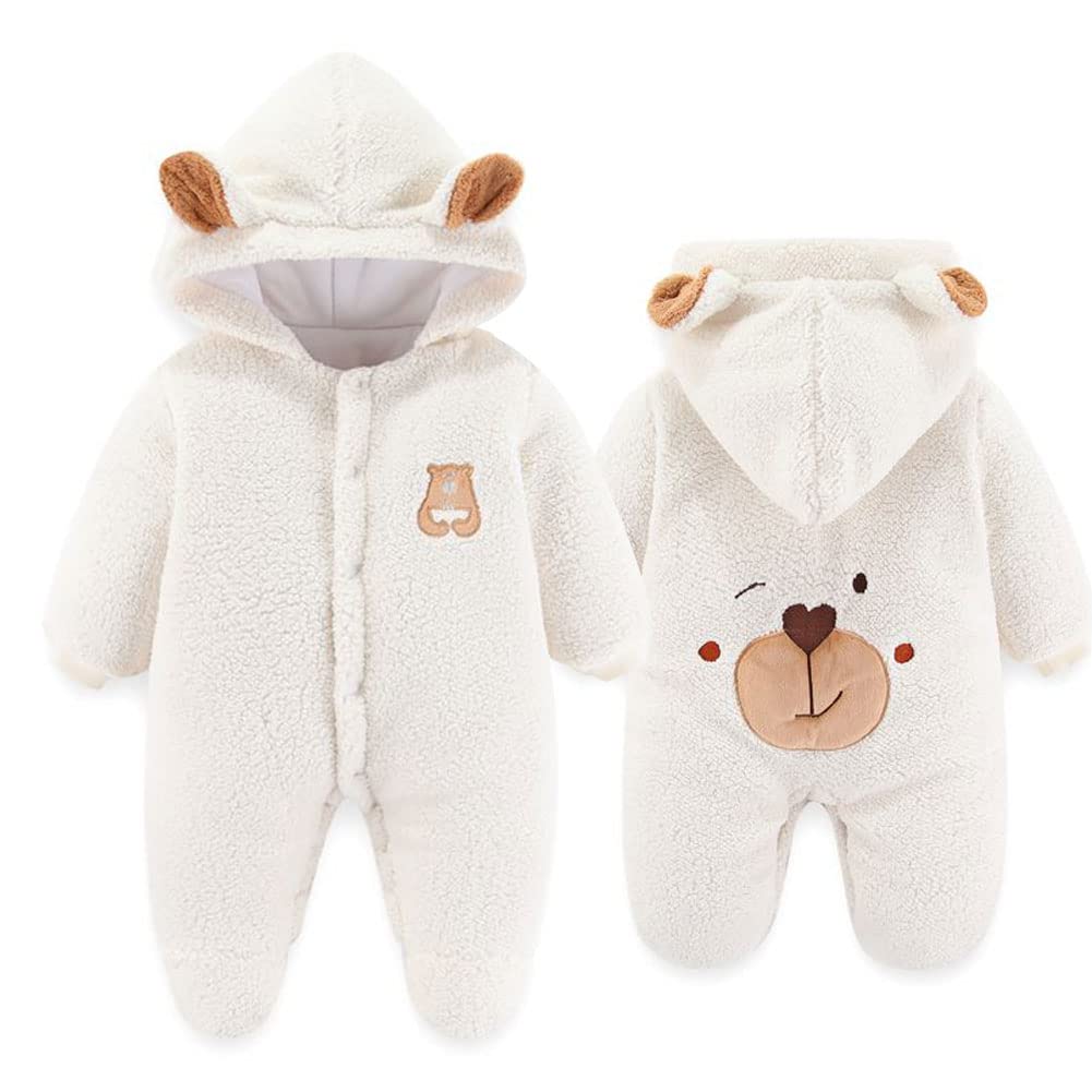 XIFAMNIY Newborn Fleece Footie Jumpsuit Hooded Warm Thicken Winter Outwear Snowsuit for Baby Girls and Boys (0-3 Months)