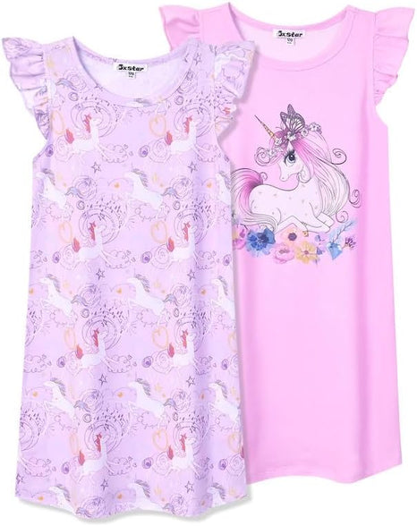 Jxstar 2-Pack Nightgown for Girls Flutter Sleeve Pajamas Cotton Night Dresse