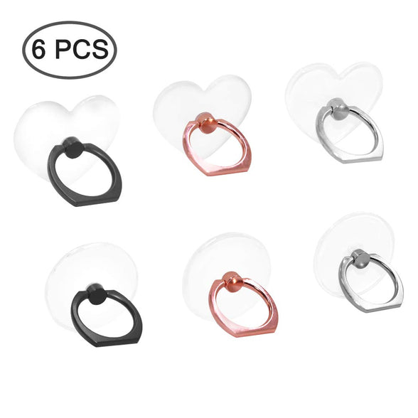 6 Pcs Transparent Mobile Phone Ring Holder, SENHAI Round and Heart-shaped 360 Degree Rotating Universal Ring Buckle Grip Stand for Smartphones, Tablets