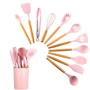U-HOOME 11 Pcs Silicone Kitchen Utensils Set with Holder, Cooking Utensil Sets Spatula Turner Heat Resistant Tool Gadgets with Wooden Handle for Nonstick Cookware,Pink