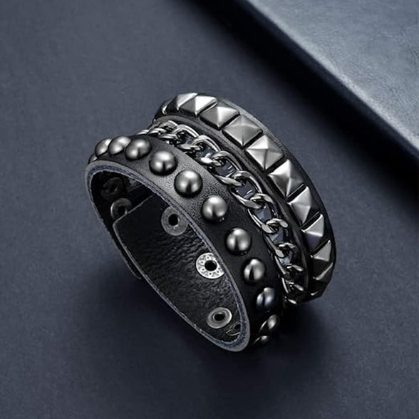 Punk Bracelet for Men Women - Goth Black Leather Wristband with Metal Studded - Spike Rivets Cuff Bangle