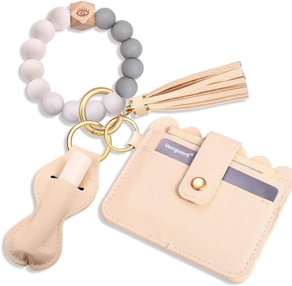 Goodern Wristlet Keychain Bracelet Keychain Wallet Leather Tassel Keychains Silicone Beaded Key Ring Bracelet with Card Holder Car Keychains Elastic Keychains Wristlet for Women and Men-Beige