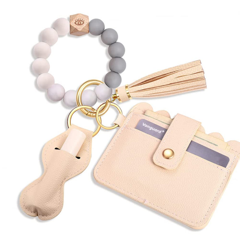 Goodern Wristlet Keychain Bracelet Keychain Wallet Leather Tassel Keychains Silicone Beaded Key Ring Bracelet with Card Holder Car Keychains Elastic Keychains Wristlet for Women and Men-Beige