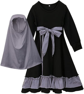 Abaya for Girl Kids Hijab Scarf Muslim Dress Two-piece Ramadan Prayer Clothes Islamic Arabic Kaftan Khimar Robe  3-4years