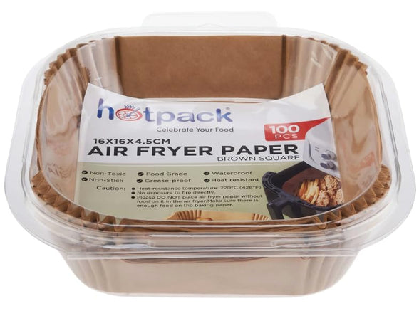 Hotpack Air Fryer Paper Liner, Square, Brown, 16x16x4.5cm, 100 pcs