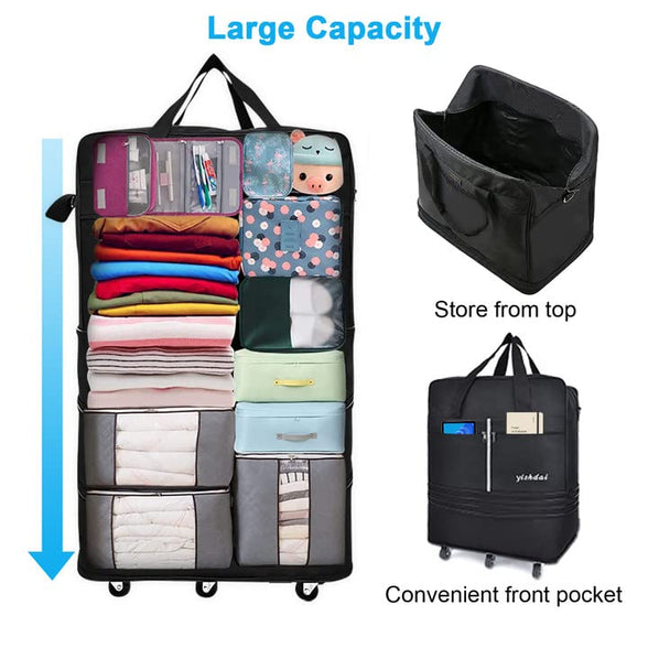 160L Expandable Rolling Wheeled Duffel Bag Foldable Large Capacity Suitcase Extra Oxford Folding Luggage with 6 Durable Rolling Wheel Waterproof Lightweight Luggage Bag for Men Women Home Business