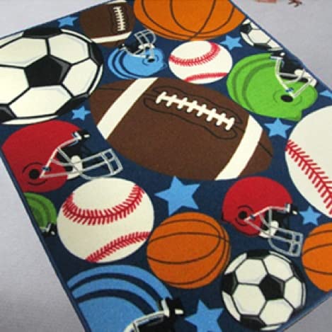 HUAHOO Blue Kids Rug Fun Sport Rugs Nylon Carpet Boys Girls Childrens Rug Balls Print with Soccer Ball, Basketball, Football, Tennis Ball Bedroom Playroom 80 x 120cm(31.5'' x 47'') gray 43383-36441