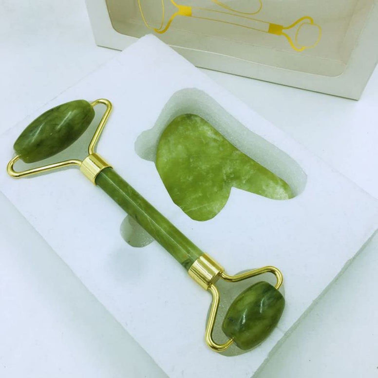 Jade Roller & Gua Sha Set Face Roller and Gua Sha Facial Body Eyes Neck Massager Tools for Skin Care Routine and Puffiness Reduce Wrinkles Aging, Zinc alloy silent roller (GREEN)