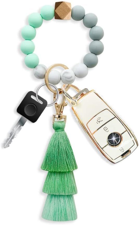 Goodern Keychain Wristlet Keychain Bracelet,Tassel Keychains for Women Girls,Silicone Key Ring Bracelet,Cute Car Keychains,Elastic Beaded Keychains Wristlet Keyring Bangle,Car Key Ring Chain-Green