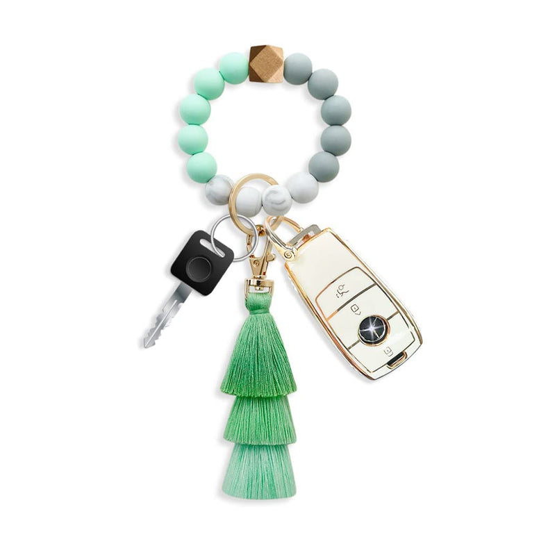 Goodern Keychain Wristlet Keychain Bracelet,Tassel Keychains for Women Girls,Silicone Key Ring Bracelet,Cute Car Keychains,Elastic Beaded Keychains Wristlet Keyring Bangle,Car Key Ring Chain-Green