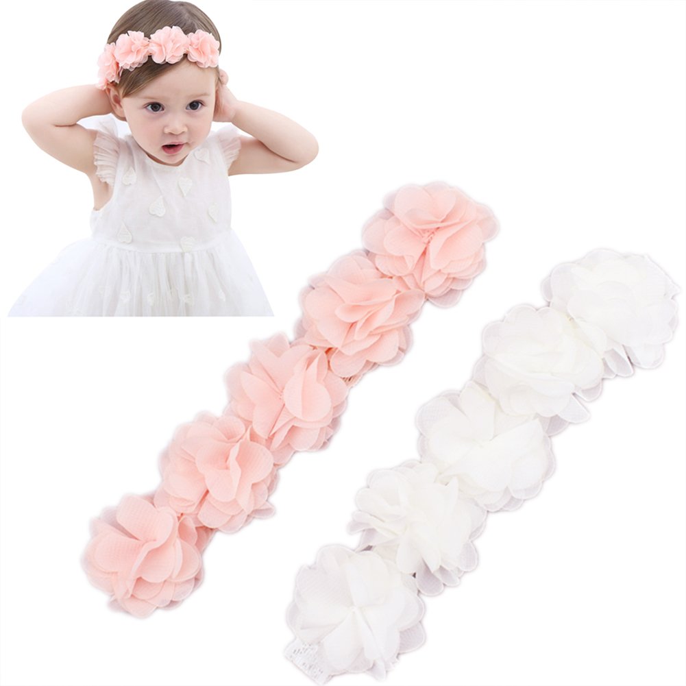 Baby Toddler Elastic Chiffon Flower Headbands Princess Girls Hand Sewing Beads Flower Headwear Nylon (QJ11 White pink)